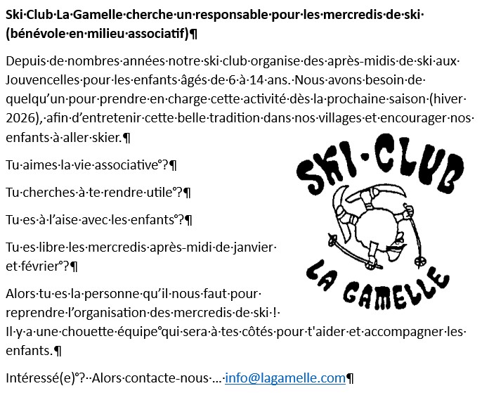 Le Ski Club La Gamelle cherche un responsable pour les mercredis de ski