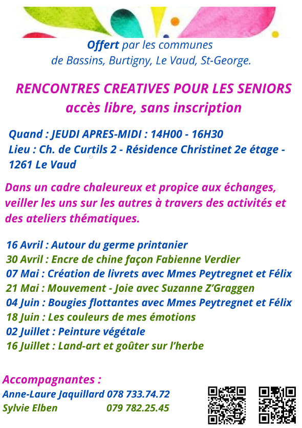 Rencontres créatives pour les seniors - avril à juillet