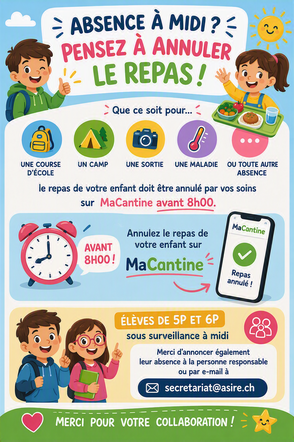 Absence à midi : pensez à MaCantine et à la surveillance des 5-6P